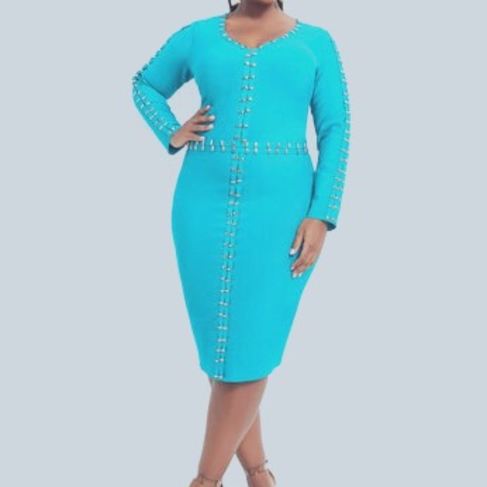 TURQUOISE BLUE STUDDED BANDAGE DRESS